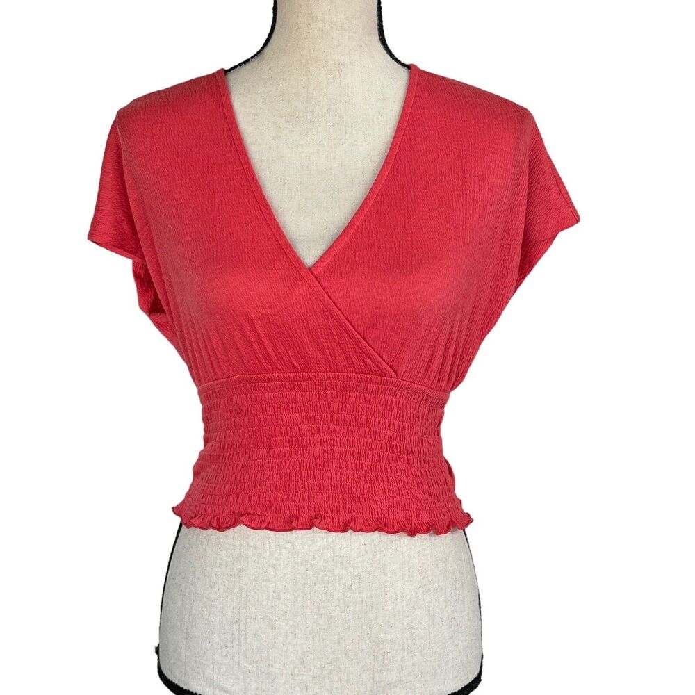 Bar III X-Small Cropped Top Smocked Dolman Sleeve Surplice V-Neck Textured Coral